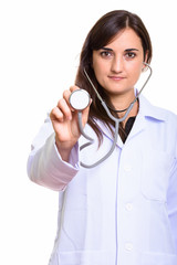 Close up of beautiful woman doctor using stethoscope