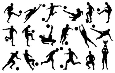 Silhouettes Soccer Players in Various poses - obrazy, fototapety, plakaty