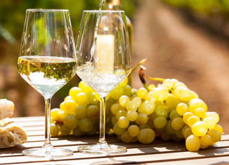 glass of White wine ripe grapes and bread on table in vineyard