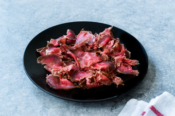 Turkish Bacon Pastirma / Pastrami Slices in Black Plate. Ready to Eat and Serve from Kastamonu and Kayseri.
