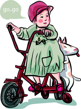 Cute little girl picks up the bike with cute dog standing on bike-01