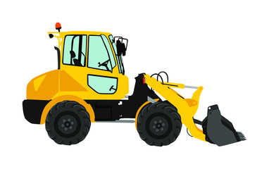 Big bulldozer loader vector isolated on white background. Dusty digger illustration. Excavator dozer for land. Under construction. Industrial building machine bager. Motor grader. Hard work industry.