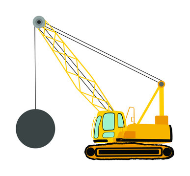 Wrecking ball crane vector illustration isolated on white. Under construction. Industrial building machine for breaking wall. Demolition crane. Heavy industry equipment. Land clearing concept.