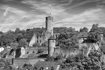 view of the castle ruin eppstein in black and white hesse germany