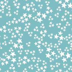 Vector seamless pattern with white stars on turquoise background. Fun ditsy star print, constellations and twinkle lights.