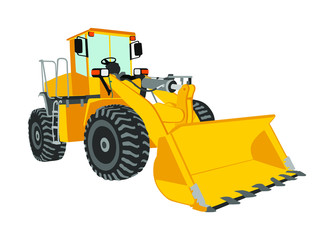 Plakat Big bulldozer, wheel loader vector isolated on white. Dusty digger illustration. Excavator dozer for land. Under construction. Industrial building machine bager. Motor grader. Hard work industry.