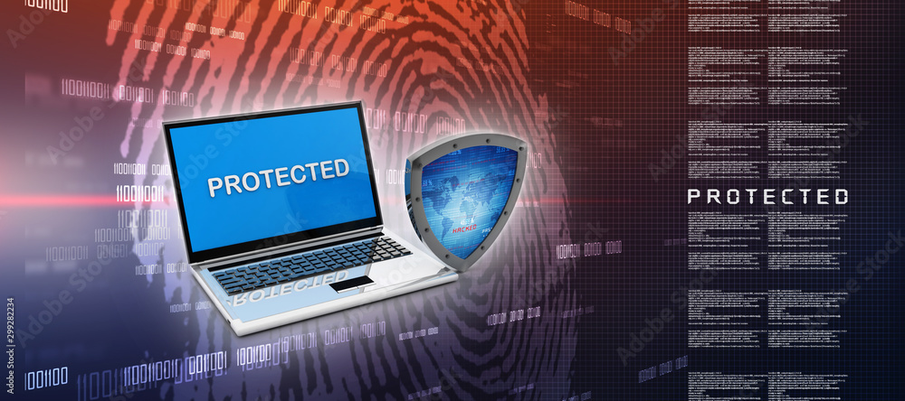 Poster laptop with shield. isolated 3d rendering image