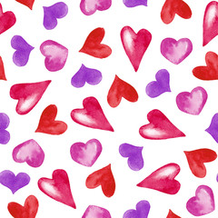 Seamless pattern of decorative colored hearts in chaotic order. Simple drawing. Watercolor hand painted elements isolated on white background.