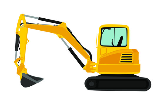 Big bulldozer loader vector isolated on white background. Dusty digger illustration. Excavator dozer for land. Under construction. Industrial building machine bager. Motor grader. Hard work industry.