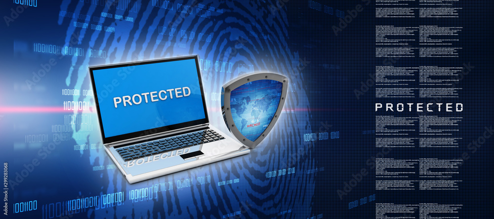 Poster laptop with shield. isolated 3d rendering image