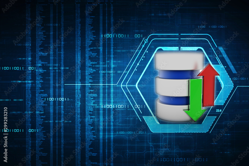 Fototapete 3d rendering database storage data base with uploading downloading arrow