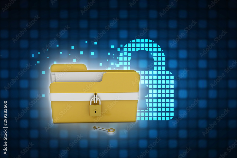 Poster yellow folder and lock. data security concept. 3d rendering