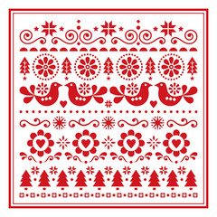 Christmas folk art vector greeting card, Scandinavian festive pattern with birds, snowflakes, flowers, Xmas trees in red on white background