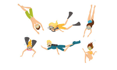 People characters Diving Vector Illustration Set. Deep Plunging Concept