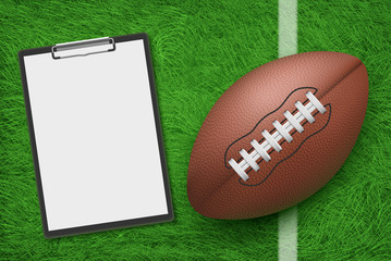 Rugby ball and clipboard lying on stadium green grass top view. American football sports strategy and game plan for playing championship competition, coach blank note. Realistic 3d vector illustration