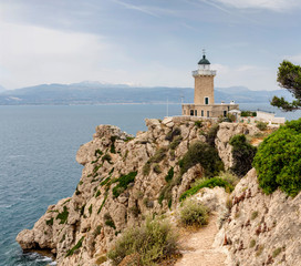 The Melagavi lighthouse on the Agrilaos peninsula (Europe, Greece)