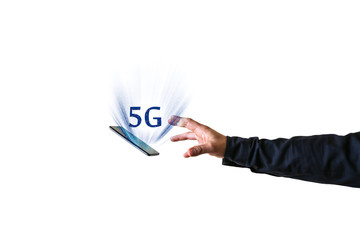 Man is catching tablet with 5G sign. New internet concept. Covering connection all over the world. Dangerous technologies. Modern developments.