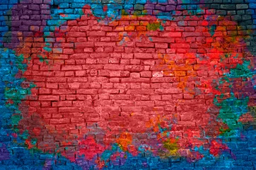 Foto op Plexiglas Graffiti Verfplons, graffitibakstenen muur, kleurrijke achtergrond