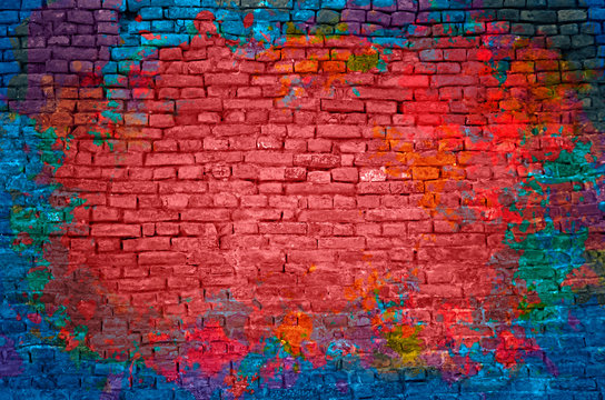 Paint splash, graffiti brick wall, colorful background © adzicnatasa
