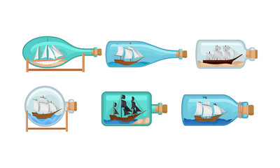 Fototapeta premium Ship Models In Miniature in Glass Bottles Vector Set
