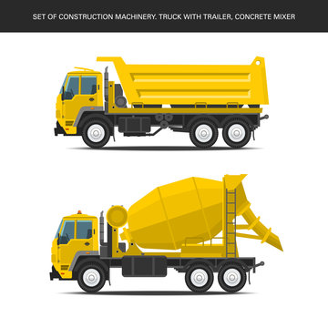 Set of construction machinery. Truck with trailer, concrete mixer. Specialized construction machinery