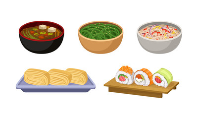Asian Food Served in Bowls and on Flat Utensil Vector Set