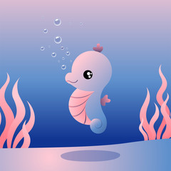 Vector illustration of a cute seahorse on a pink blue background with seaweed. Sea world