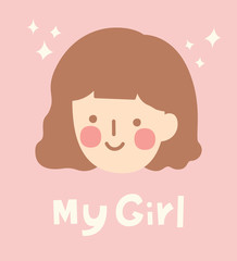 Hand Drawn Cute Girl with Smiley Face. Girl Portrait. Avatar. Vector Illustration. - 299285033