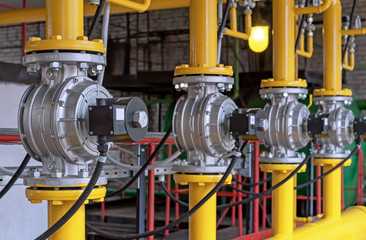 Gas boiler room equipment. Gas pipeline with safety gas valve.