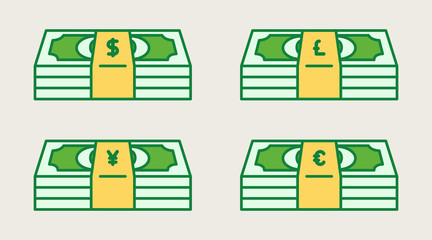 Stack of Money Symbol Icon Vector. Dollar. Pound. Yen. Euro. $£¥€. Green Icon. - 299285698
