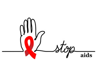 Stop aids. Vector background with hand and red, ribbon, loop. Stop aids lettering, one line drawing.