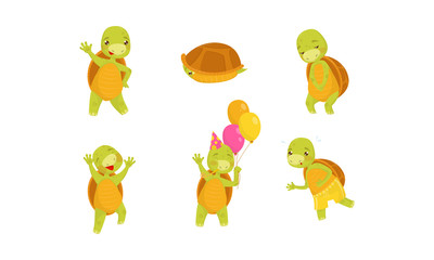 Cartoon Kids Turtle Character Vector Illustrated Set