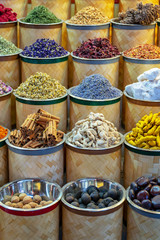 Colorful piles of spices in Dubai souks, United Arab Emirates