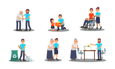 Fototapeta premium People Characters Working as Volunteers Vector Illustrations Set