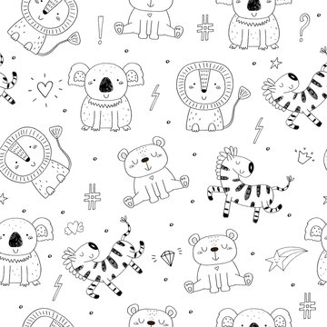 Cute hand drawn doodles funny African animals. Seamless pattern