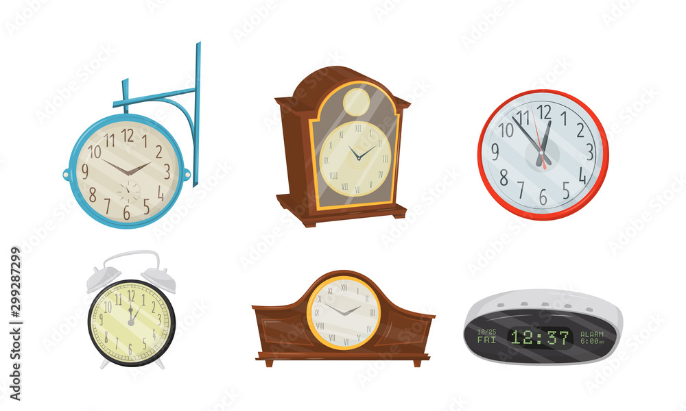 Poster different clocks vector isolated on white background set