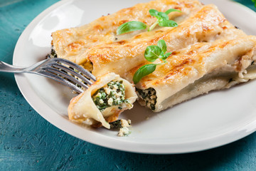 Portion of cannelloni stuffed with spinach