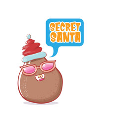 Secret santa claus label with funky brown cute little kawaii santa claus potato cartoon characters with red santa hat isolated on white background. Secret santa party label or logo
