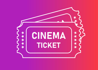 Vector two line white designed cinema tickets close up top view isolated on gradient background. Vector illustration.