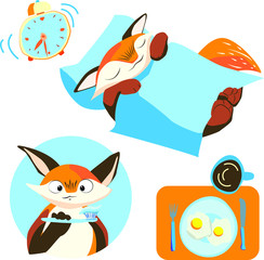 Morning of the little Fox. sleep, Wake up, brush your teeth, breakfast. scrambled eggs and coffee.