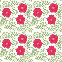 Fototapeta na wymiar Red bloom flowers and green leaves seamless pattern vector background