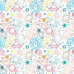 Space seamless pattern for Kids. Hand drawn space, spaceships, rocket, ufos, comets and planets with stars. Trendy kids vector background. Hand drawn space elements seamless pattern. Space doodle back