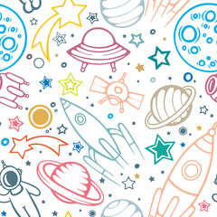 Space seamless pattern for Kids. Hand drawn space, spaceships, rocket, ufos, comets and planets with stars. Trendy kids vector background. Hand drawn space elements seamless pattern. Space doodle back