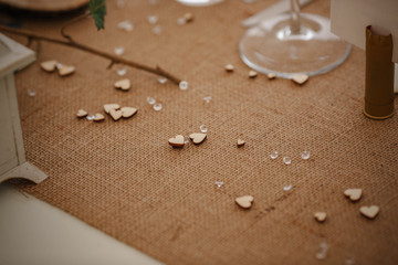 Outdoor catering dinner at the wedding with homemade garnishes decoration