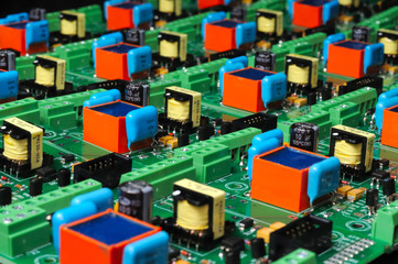 Many green PCB microcircuit board