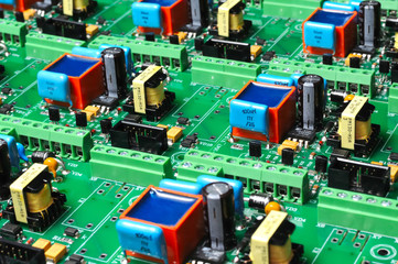 Many green PCB microcircuit board