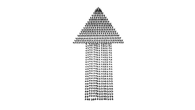 Businessmen crowd forming arrow shape pointing up, back view, 4K, against white