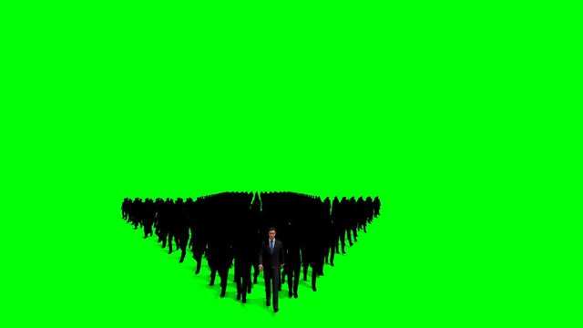 Businessmen crowd forming arrow shape pointing right, 4K, against Green Screen