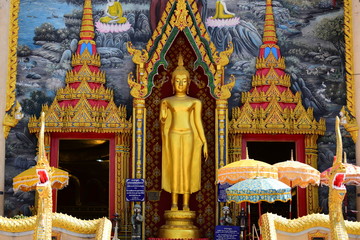 The golden Buddha image. Reverence in Buddhist sutras At Wat Luang Pothit, Thailand