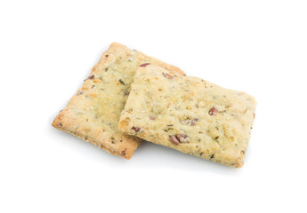 Small bread chips cookies with seeds isolated on white background. side view